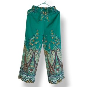 Rachel Zoe Emerald Green Paisley-Print Wide Leg Pants Satin Boho Silky Floral XS